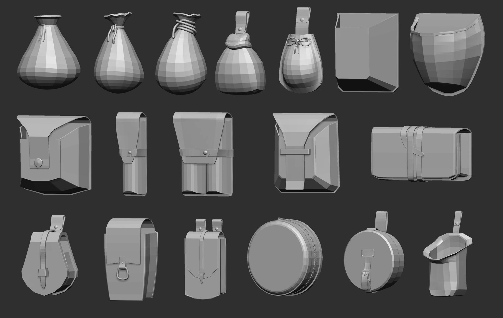 35 Low Poly Bags Backpacks And Pouches Base Mesh Zbrush IMM Set 3D