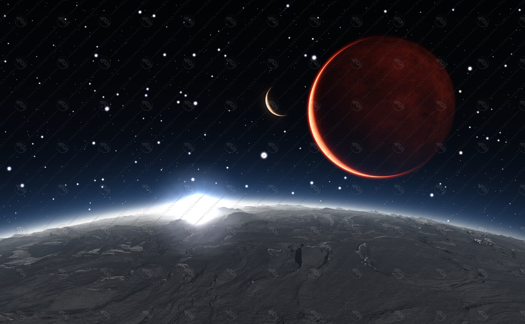 Sunrise Over The Phobos With Red Planet Mars In The Background ...