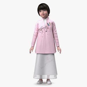 Little Chinese Girl in Traditional Clothes Standing 3D