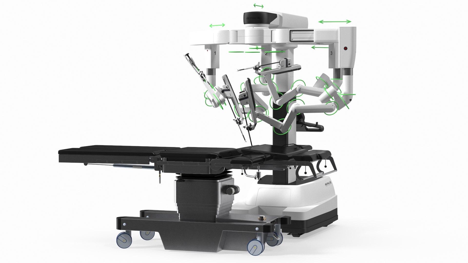 Surgical Robotic System da Vinci SI Rigged with Operating Table for Maya 3D model preview
