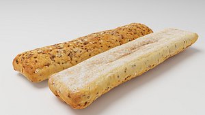 3D Baguette or cut French bread with seeds and spices model