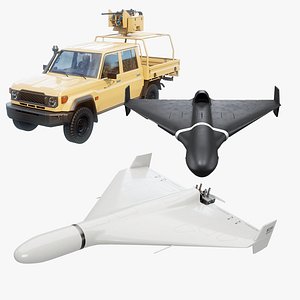 Machine Gun Pickup and Russian Drones Geran 2 and Geran-3