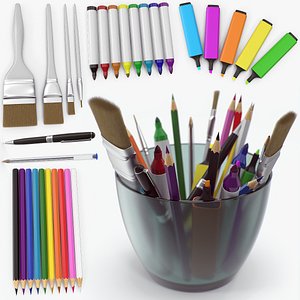 glass with art supplies and writing tools collection 3D