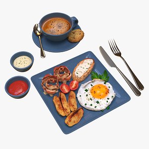 3D model Breakfast with fried egg bacon and coffee 02