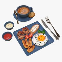Breakfast with fried egg bacon and coffee 02