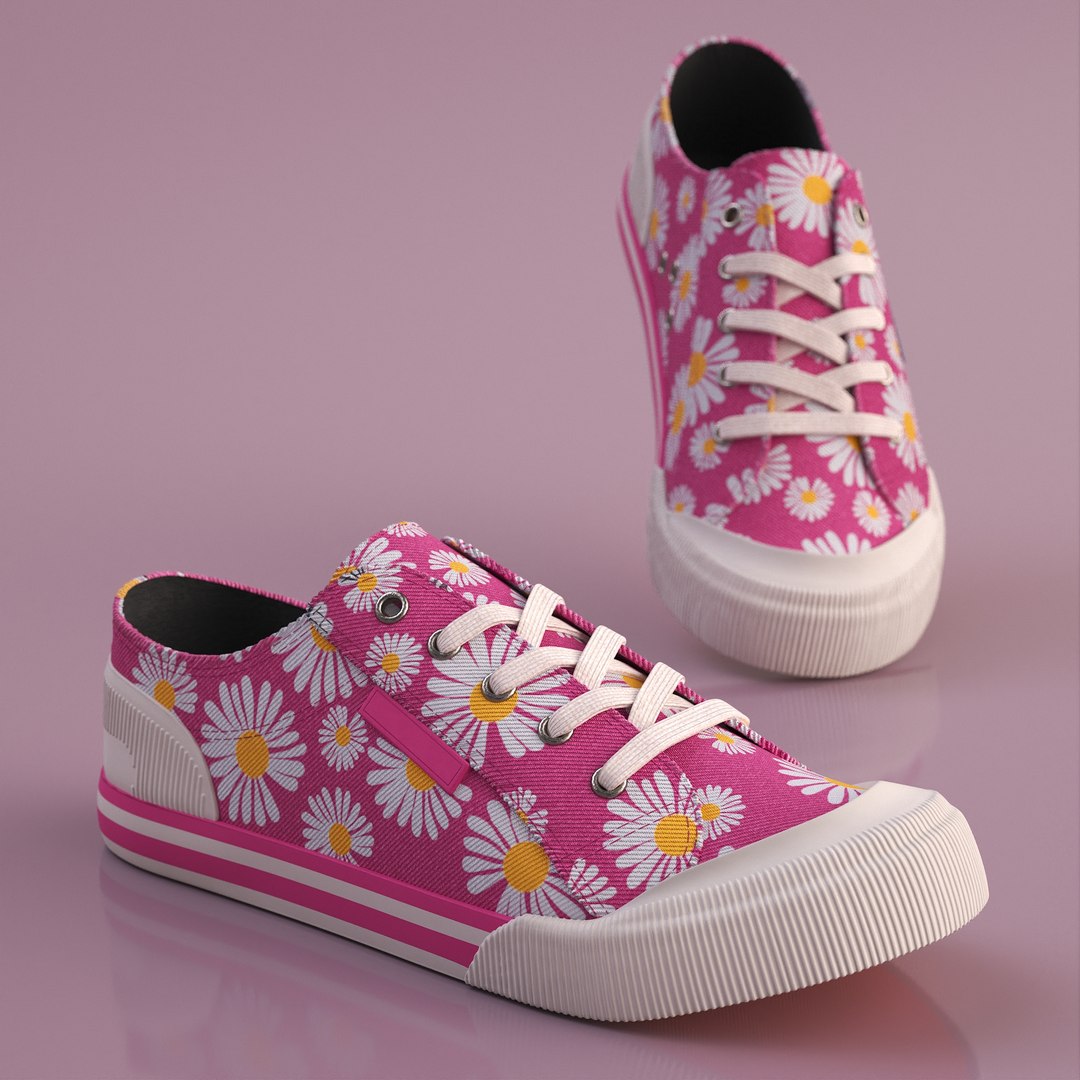 Floral Canvas Sneakers with Daisy Print Navy Pink 3D model preview