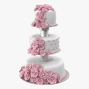 Three Tier Floral Wedding Cake Pink 3D model