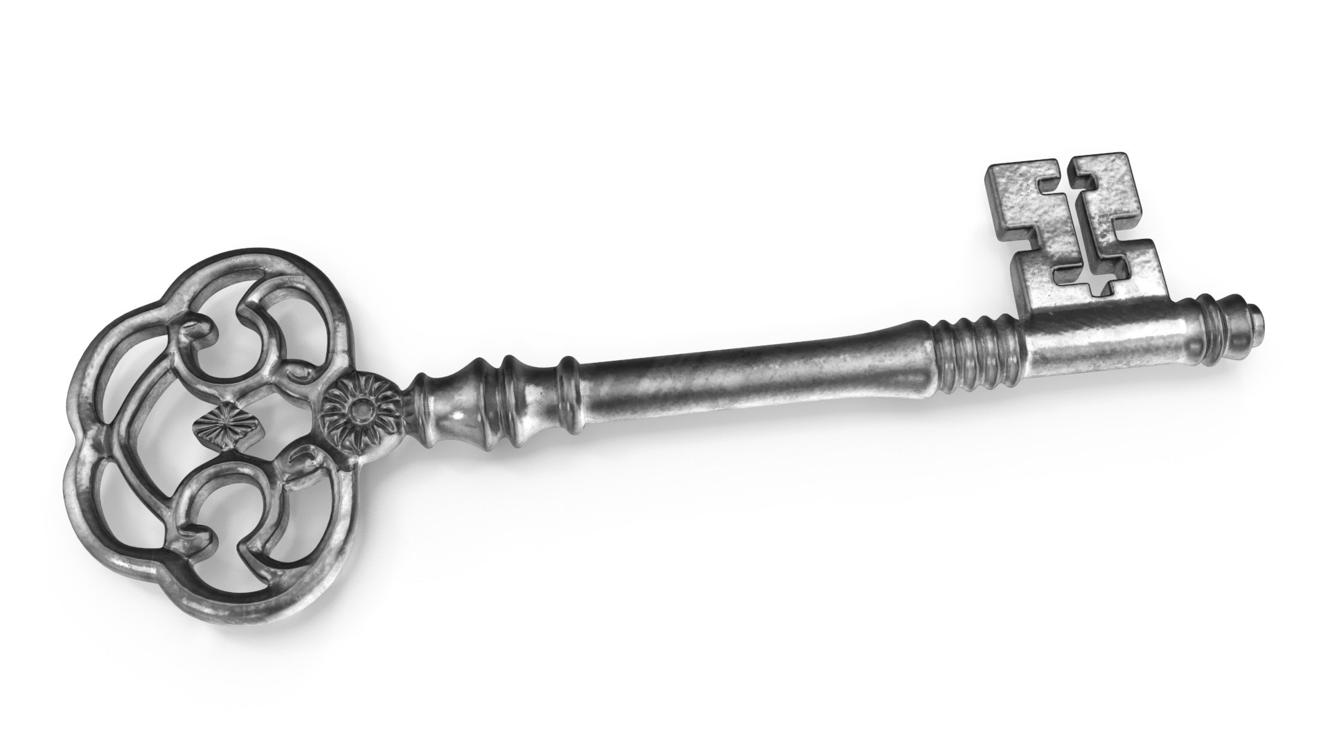 Antique Ornate Skeleton Key Silver 3D model preview