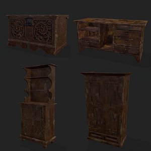 3D Rustic Medieval Wood Furniture Mix One