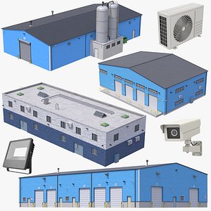 4 Blue Industrial Buildings 3D model