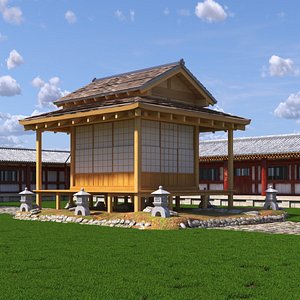 Traditional Japanese Tea House with Stone Lanterns 3D
