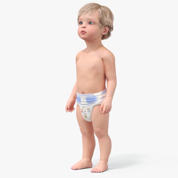 3D Boy Aged 1 Year in Diaper Standing Pose