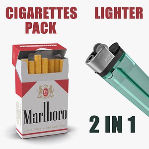 Cigarettes Pack Marlboro and Lighter 3D Models