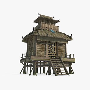 Ancient Asian Architecture Thatched Cottage 3D