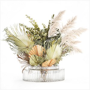 Realistic bouquet dried flower pampas palm leaves glass vase model