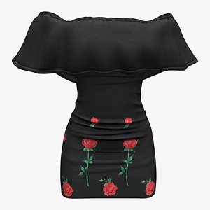 Ruffled Off Shoulder Roses Print Mini Skirt Black Dress 3D model