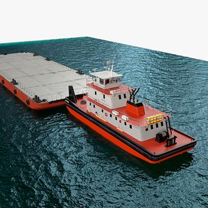 3D Tugboat with Pontoon Barge on Water