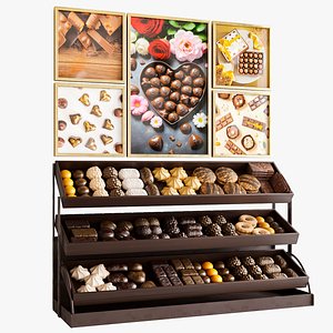 3D A shelf in a candy store Chocolate and cookies