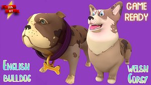 3D Spotted Brow Corgy and Spotted Brown Bulldog