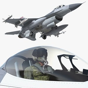Fighter F-16 with Pilot and Missile Launcher LAU-129 Rigged for Maya