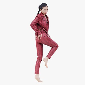 3D Asian Woman Wearing Red Leather Snake Print Outfit 023 Remastered