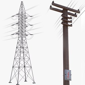 3D model Electric Power Tower and Phone Pole