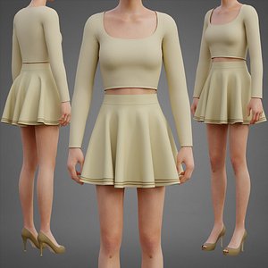 Womens Pastel Two Piece Clothing - Square Neck Crop Top Circle Skirt Outfit 3D model