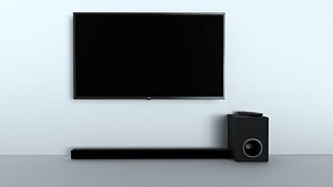 Tv with a remote and a sound bar and subwoofer model
