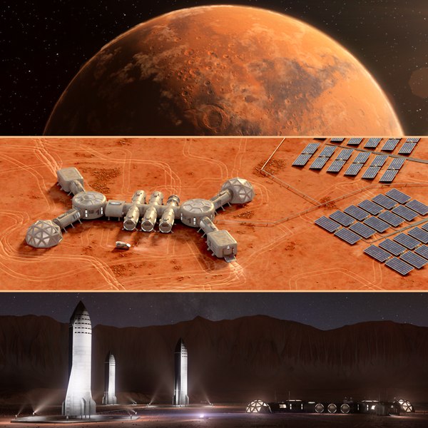 Martian base colony in the crater Planet Mars high detailed animated 3d scene