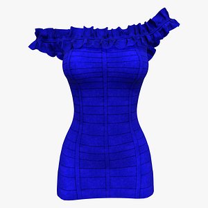 Blue Bodycon Dress With Collar Ruffles 3D model