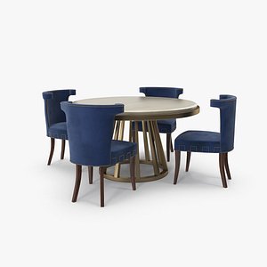 Blue Fabric Velvet Art Deco Dining Table Set 3D model