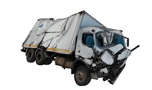 Derelict small cargo van amid debris