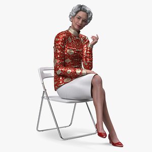 Old Chinese Woman Evening Dress Sitting 3D