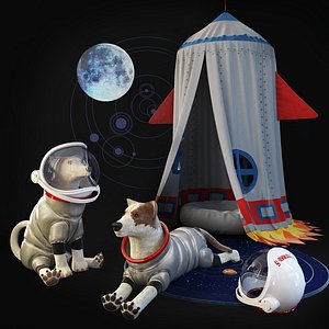 Children's room set. Tent rocket. Dogs astronauts.