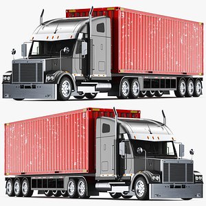 3D Detailed Long Hood Container Truck