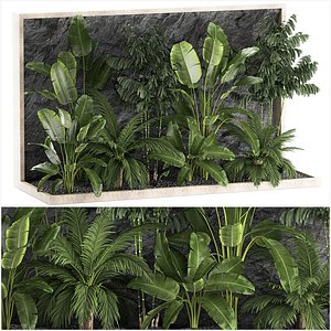 Tropical home garden with rock wall and black pebbles 1276
