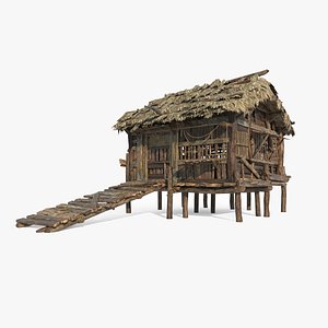 3D Asian ancient architecture small single room thatched cottage