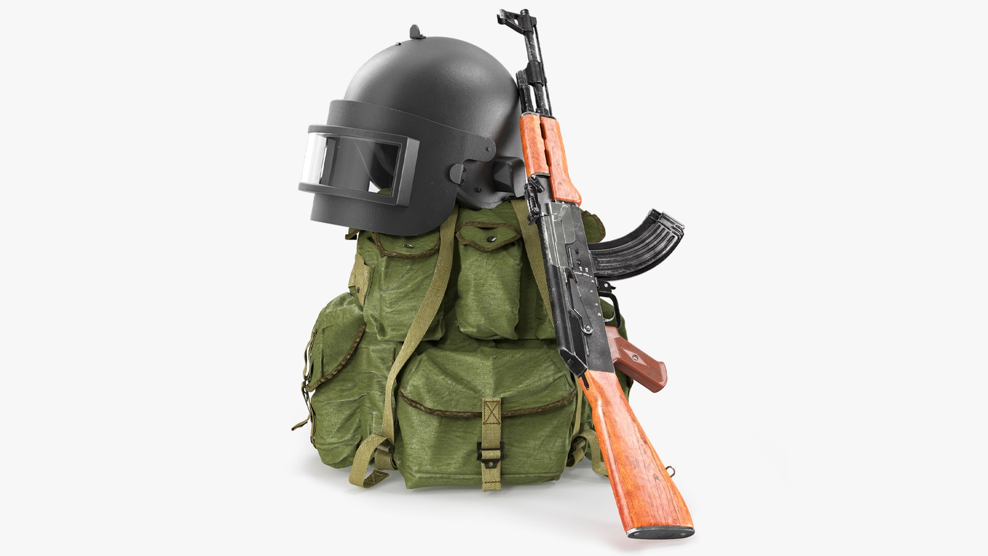 Armor Helmet with Ak-47 Rifle and Tactical Backpack 3D model preview