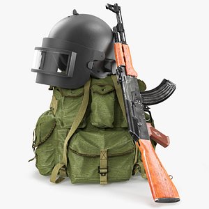 3D Armor Helmet with Ak-47 Rifle and Tactical Backpack model