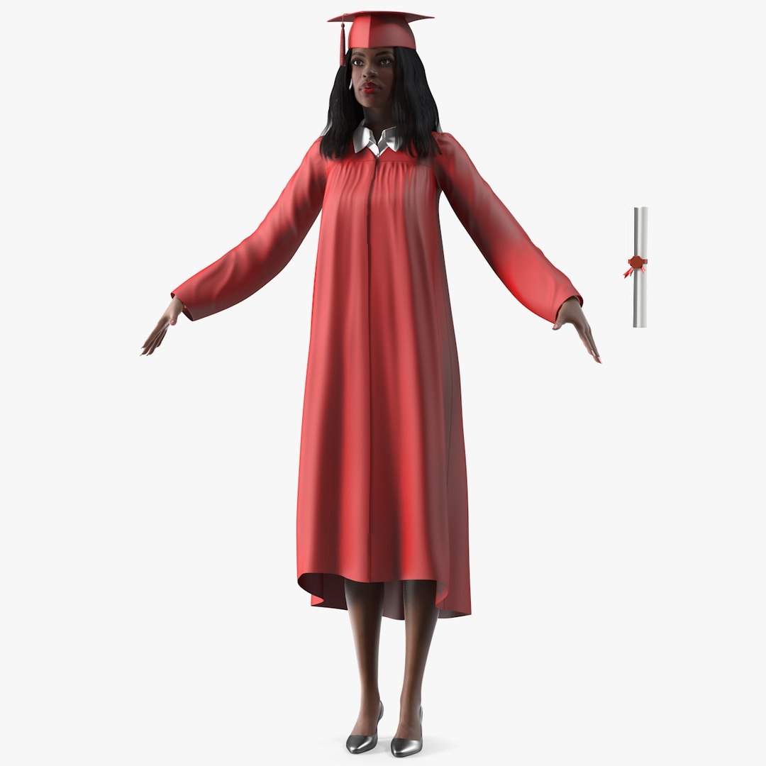 Dark Skin Graduation Gown Woman T Pose 3D model preview