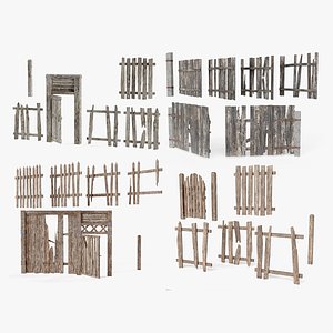 3D Old damaged raw wooden fence barrier collection an3 model