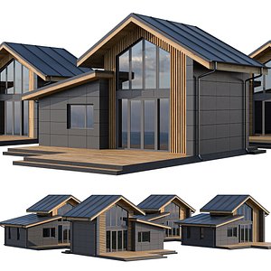 3D Four houses with facade cladding made of metal cassettes and wooden battens
