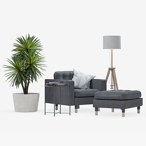 IKEA set with LANDSKRONA armchair and ottoman GLADOM coffe table LAUTERS floor lamp Yucca plant
