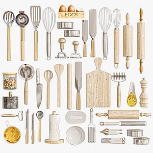 3D Set of kitchen utensils with spices for kitchen or restaurant model