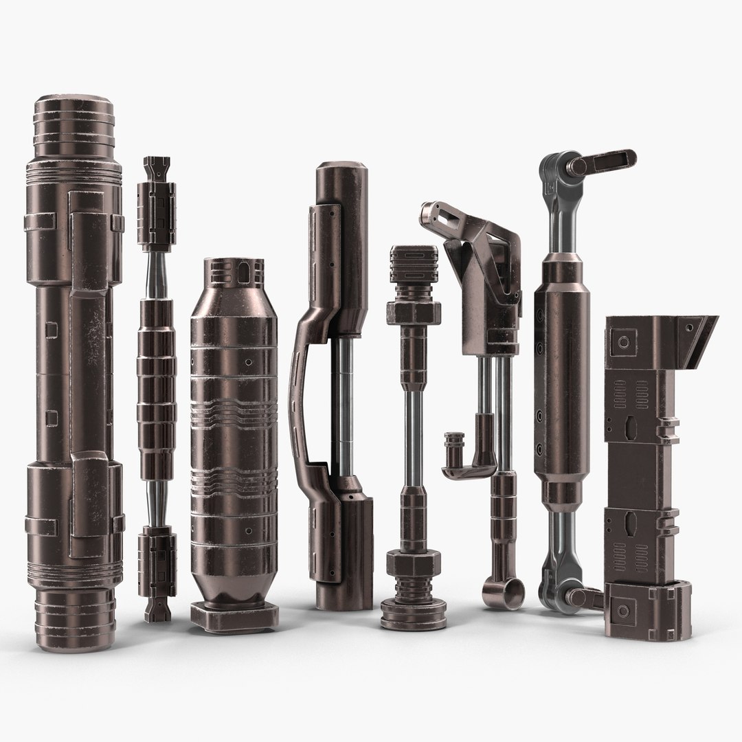 Anodized Ram Hydraulic Cylinders Set Sci-Fi 3D Model 3D model for industrial visualization, technical presentation, simulation, product rendering, and animation