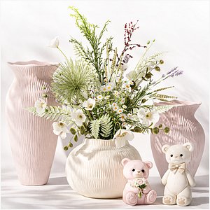 Next Color palette  Designer Ceramic Set Vases Bouquet Figurines Bear 3D model