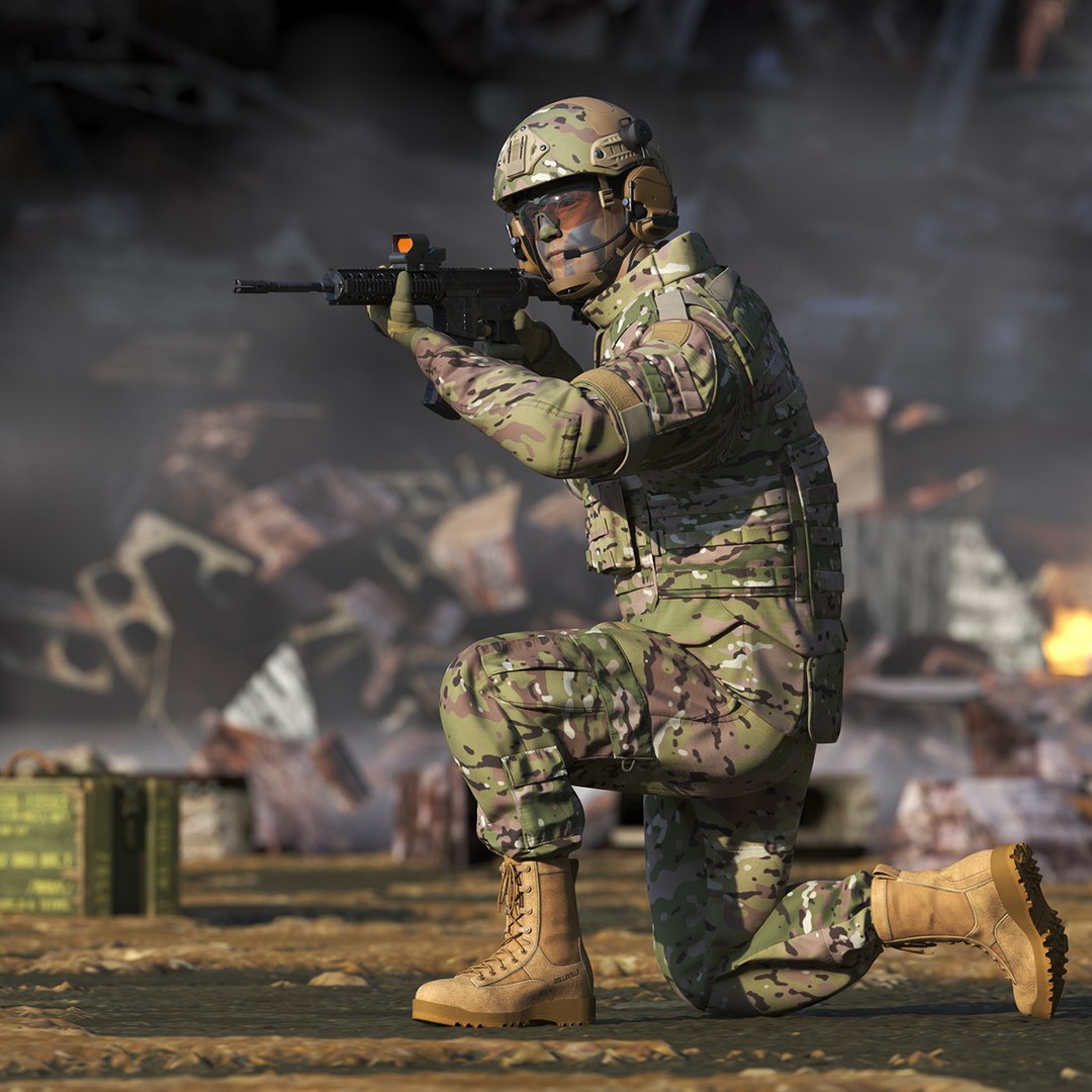 Soldier in Green Gear and Assault Rifle Rigged 3D model preview