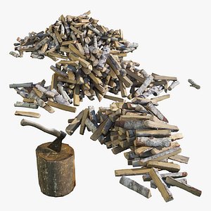 Birch firewood in a pile and axe 3D model