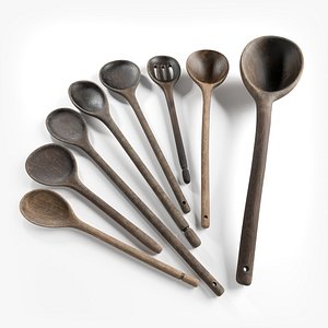 8 Old Wooden Cooking Spoons Ladles Rustic Antique Hand Made Carved Worn Kitchen Vintage Tool 8K PBR