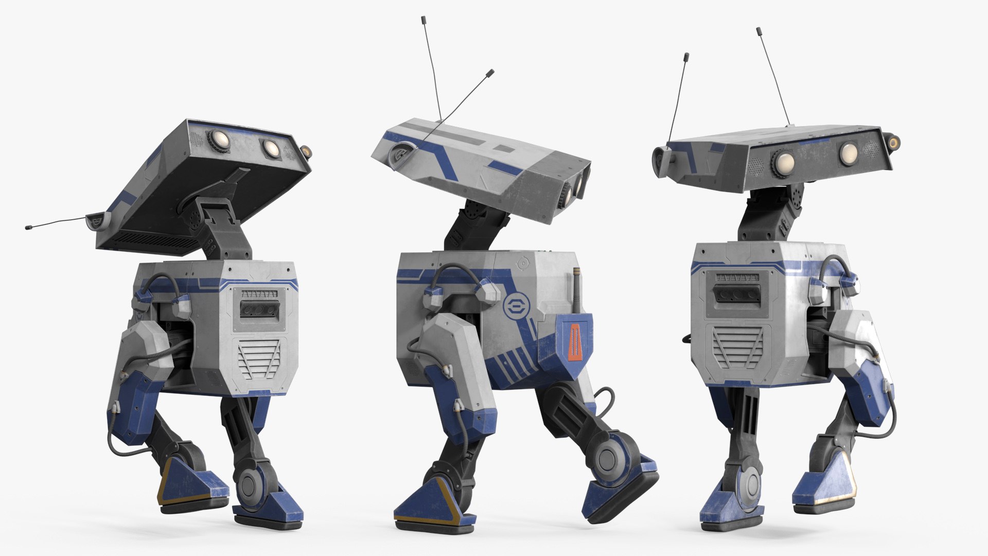 Nvidia Sensor Scout Robot White Blue Used Rigged 3D model for industrial visualization, technical presentation, simulation, product rendering, and animation